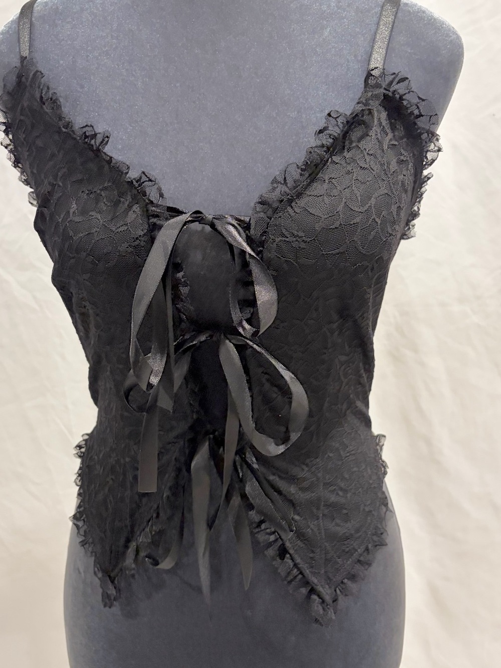 Black Lace Ribbon-Front Camisole Top